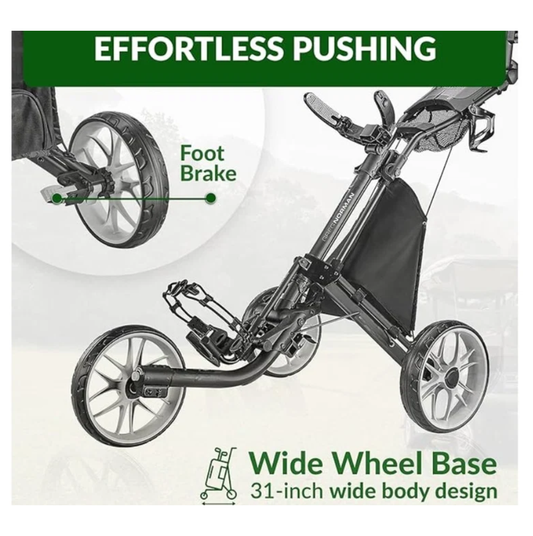 Greg Norman 3-Wheel Golf Push Cart/Trolley – Lightweight Aluminum Frame, 1-Second Fold, Foot Brake, Adjustable Handle & Storage