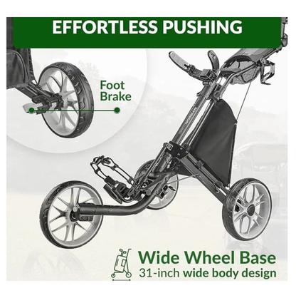 Greg Norman 3-Wheel Golf Push Cart/Trolley – Lightweight Aluminum Frame, 1-Second Fold, Foot Brake, Adjustable Handle & Storage