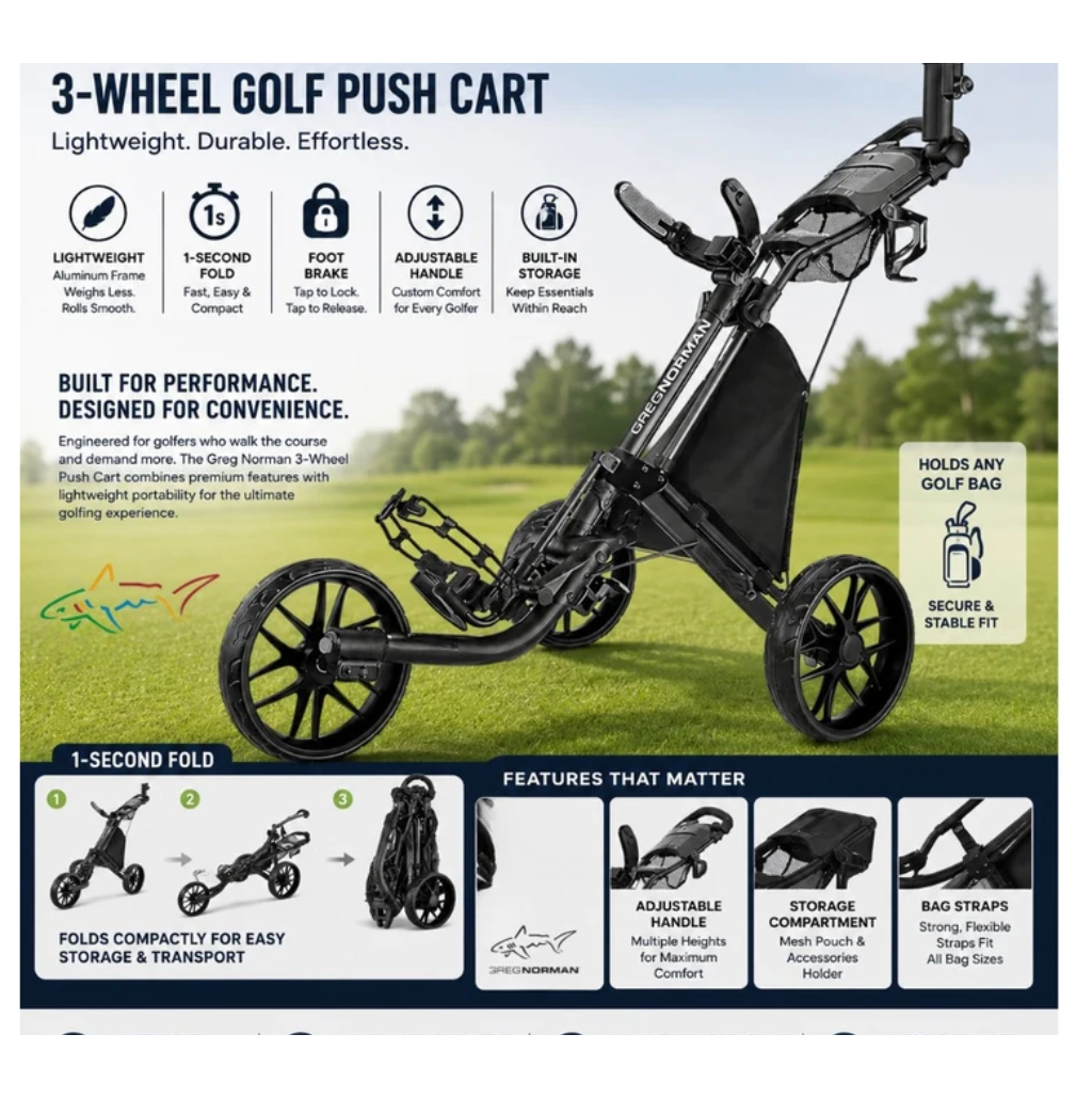 Greg Norman 3-Wheel Golf Push Cart/Trolley – Lightweight Aluminum Frame, 1-Second Fold, Foot Brake, Adjustable Handle & Storage