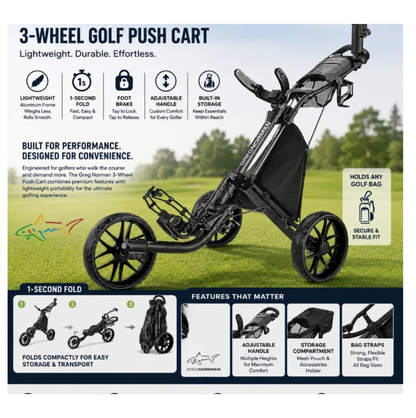 Greg Norman 3-Wheel Golf Push Cart/Trolley – Lightweight Aluminum Frame, 1-Second Fold, Foot Brake, Adjustable Handle & Storage