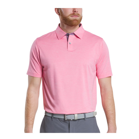 FootJoy Men's Heather Lisle Lattice Print Trim Golf Polo - Pink Lemonade