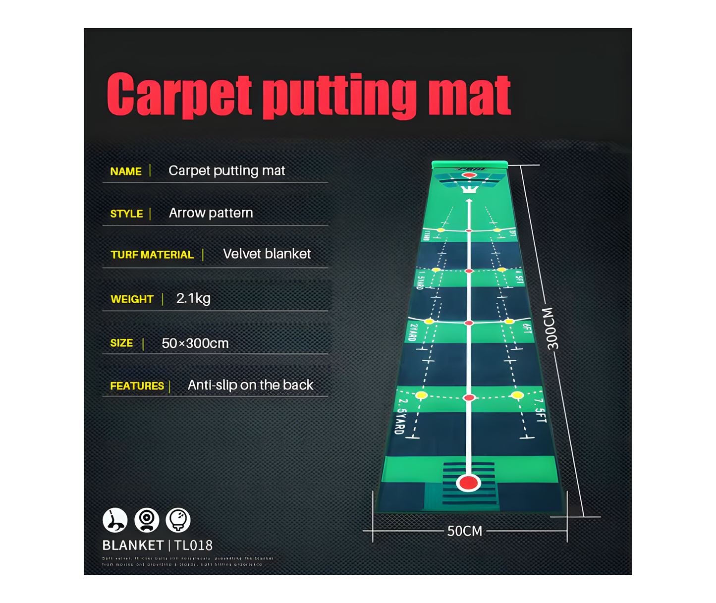 PGM TL018 Velvet Golf Putting Mat Indoor Practice with Stopper