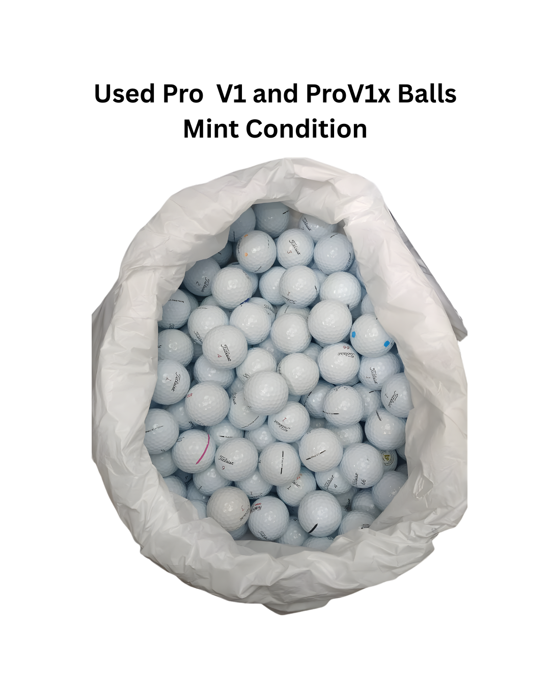 Bag of used Pro V1 and ProV1x golf balls with text indicating condition.