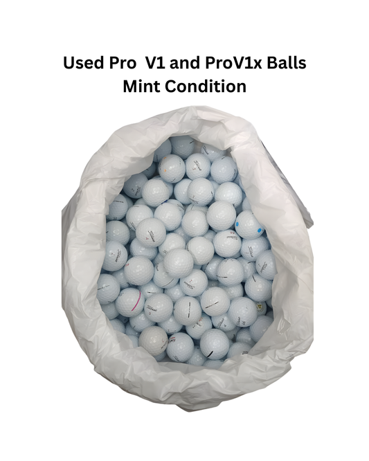 Bag of used Pro V1 and ProV1x golf balls with text indicating condition.
