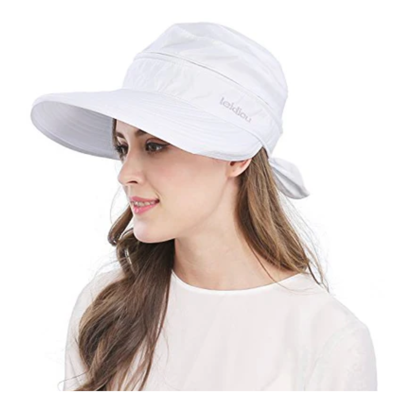 Woman wearing a white sun hat with a visible brand logo.