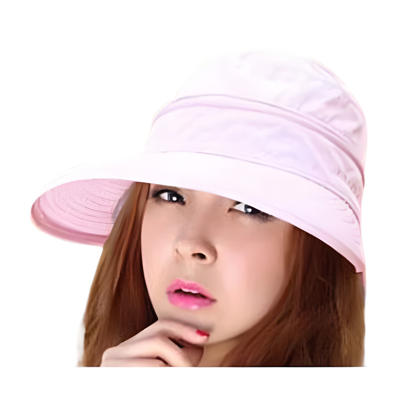 Pink sun hat worn by a model .