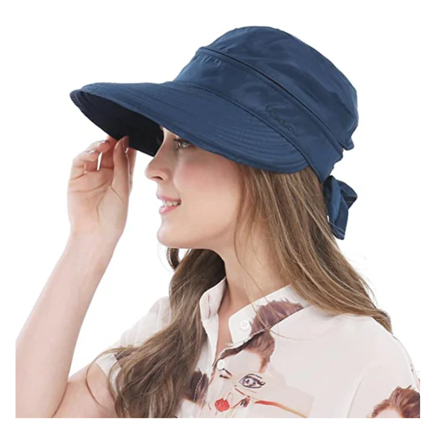 Woman wearing a blue sun hat.