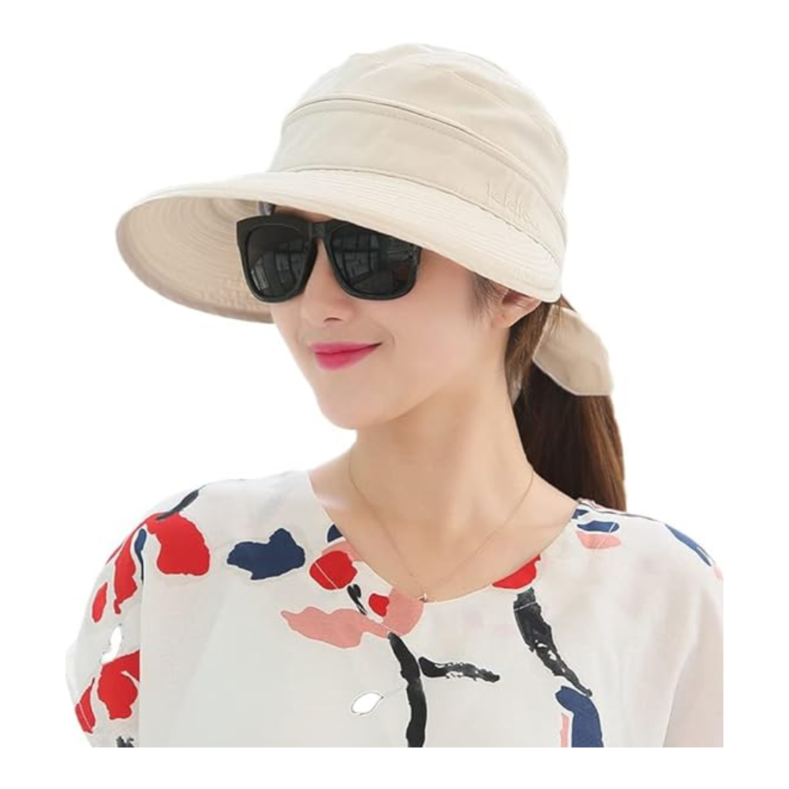 Woman wearing a beige sun hat.