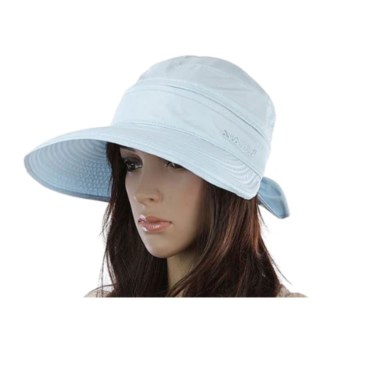 Light blue sun hat on a mannequin head against a white background.